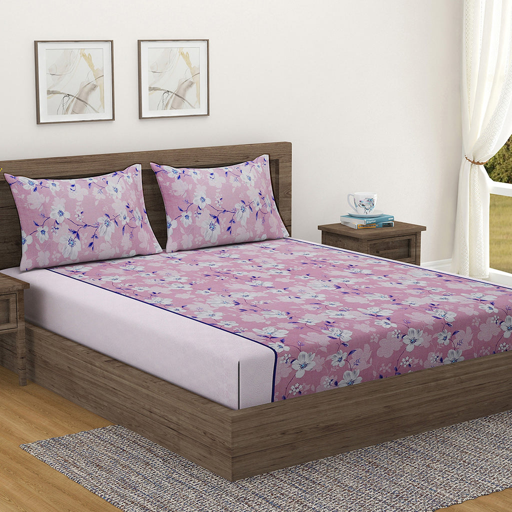 Pink Floral Super King Bedsheet with 2 Pillow Covers 144TC - Soft & Elegant Print (108x108 inches)