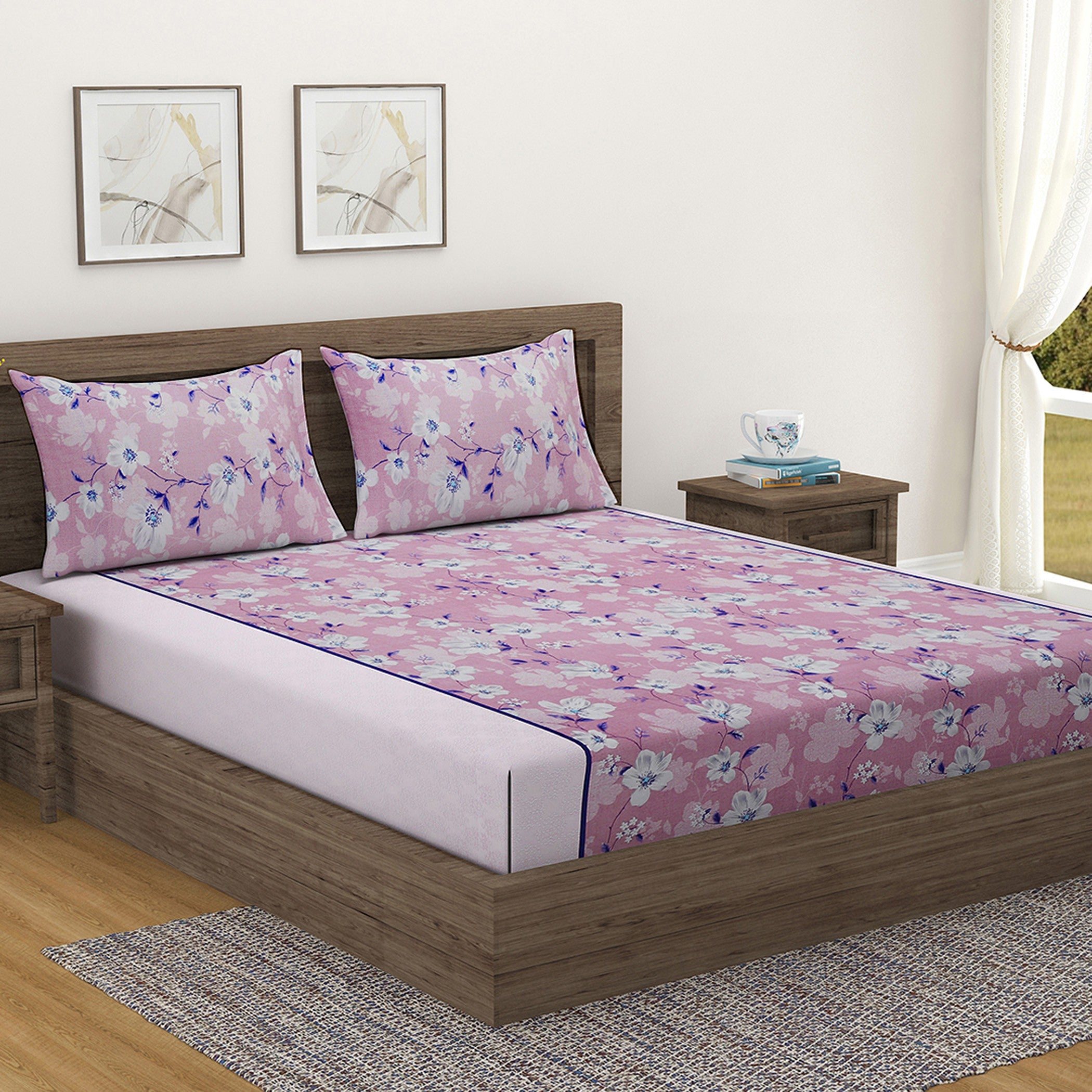 Pink Floral Super King Bedsheet with 2 Pillow Covers 144TC - Soft & Elegant Print (108x108 inches)