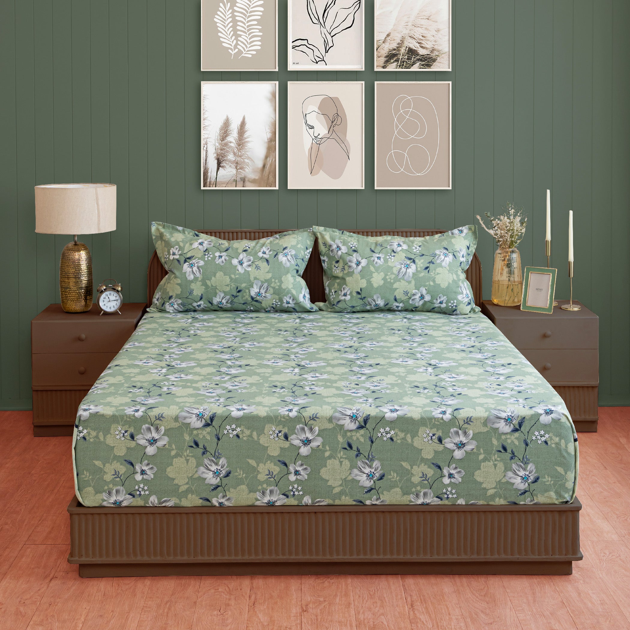 Sage Green Floral Super King Bedsheet with 2 Pillow Covers 144TC - Soft & Elegant Design (108x108 inches)