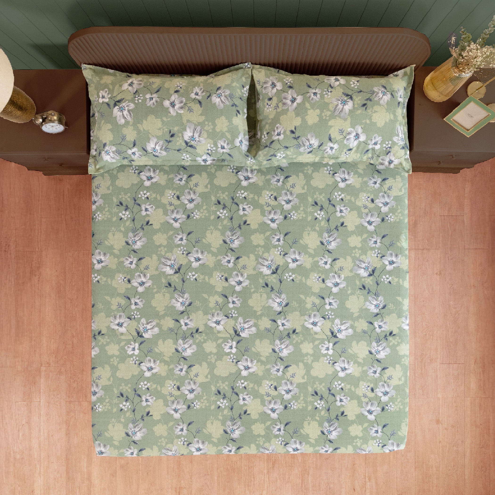 Sage Green Floral Super King Bedsheet with 2 Pillow Covers 144TC - Soft & Elegant Design (108x108 inches)