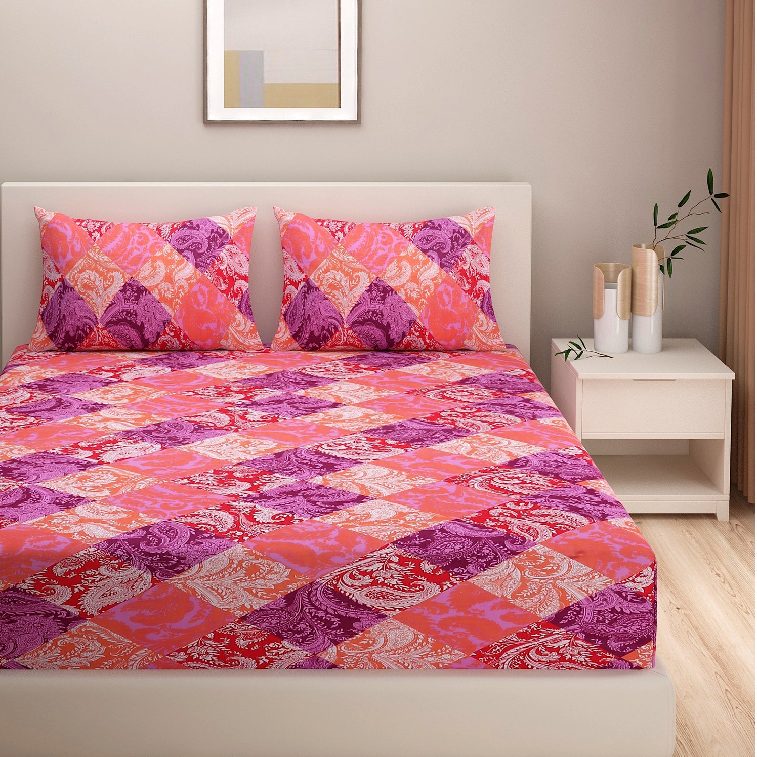 Pink & Purple Patchwork Paisley Print Pure Cotton 160 TC Super King Bedsheet with 2 Pillow Covers (108x108 Inches)
