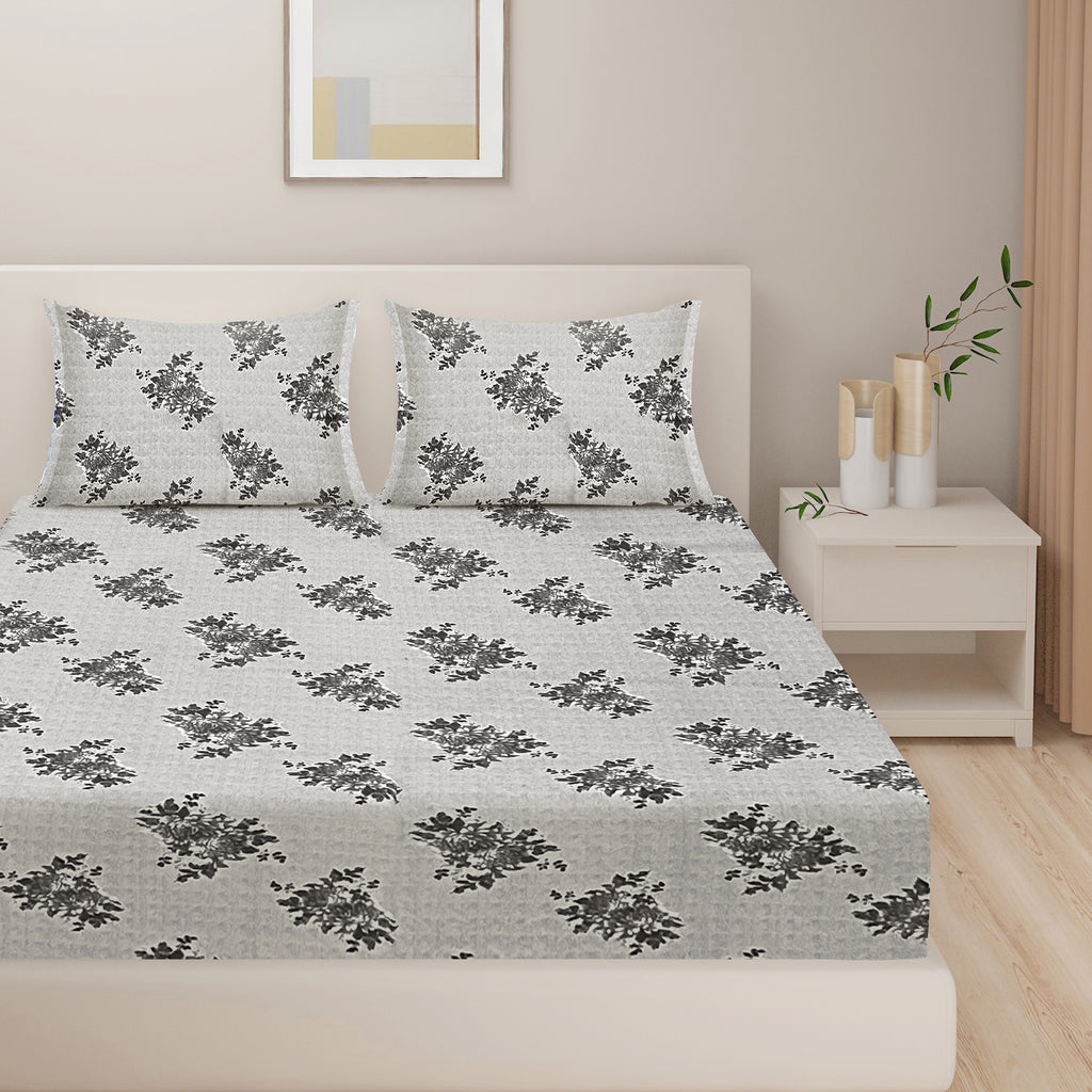 Grey Floral Print Pure Cotton 160 TC Super King Bedsheet with 2 Pillow Covers (108x108 Inches)