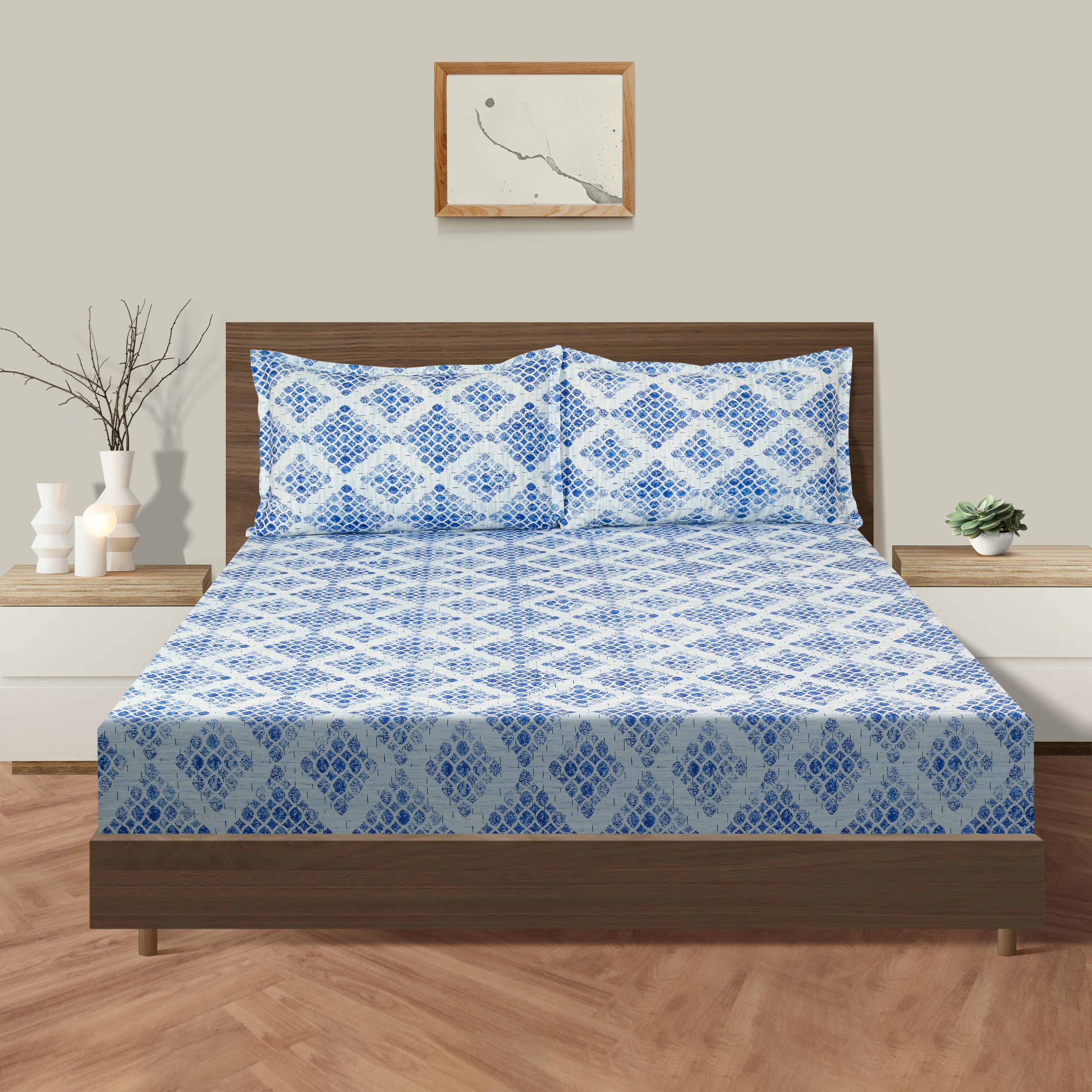 Blue Geometric Print Pure Cotton 160 TC Super King Bedsheet with 2 Pillow Covers (108x108 Inches)