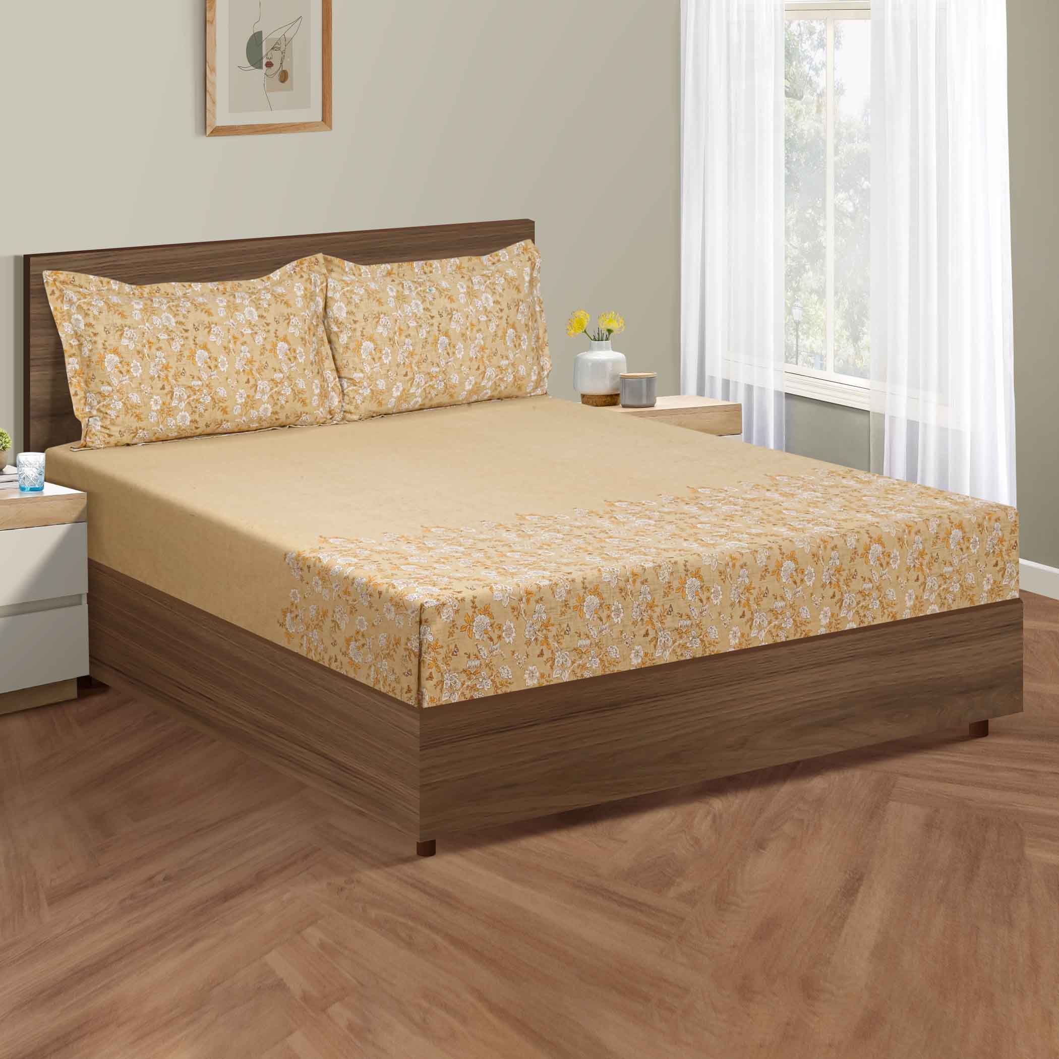 Golden Bloom - 160TC Pure Cotton Super King Bedsheet (108x108 Inches)
