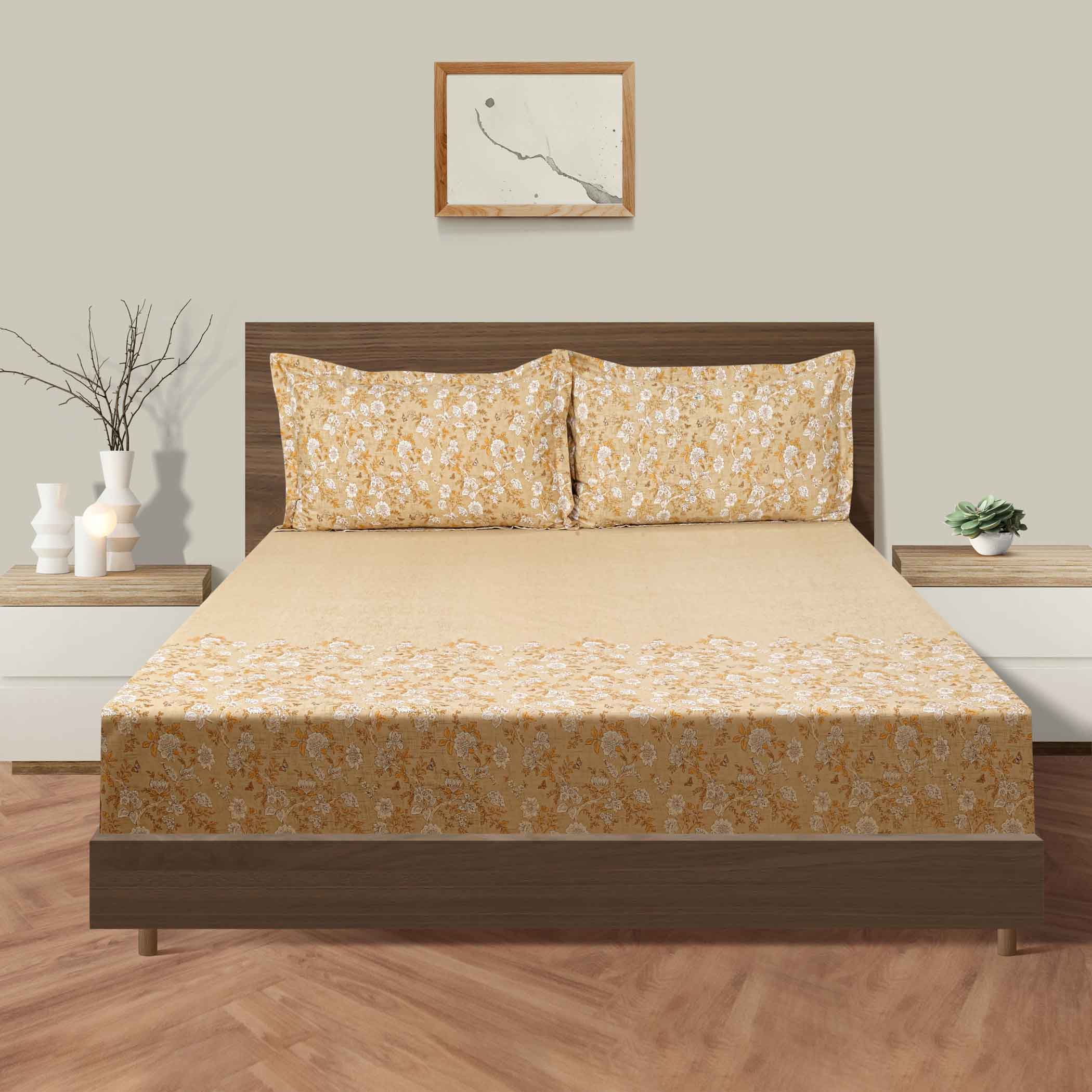 Golden Bloom - 160TC Pure Cotton Super King Bedsheet (108x108 Inches)