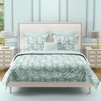 Mint Green Floral Print Pure Cotton 160 TC Super King Bedsheet with 2 Pillow Covers (108x108 Inches)