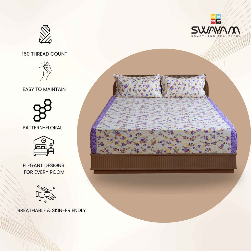 Pastel Petal Serenity - Soft Pink 120TC 100% Cotton Floral Super King Bedsheet (108x108 Inches)