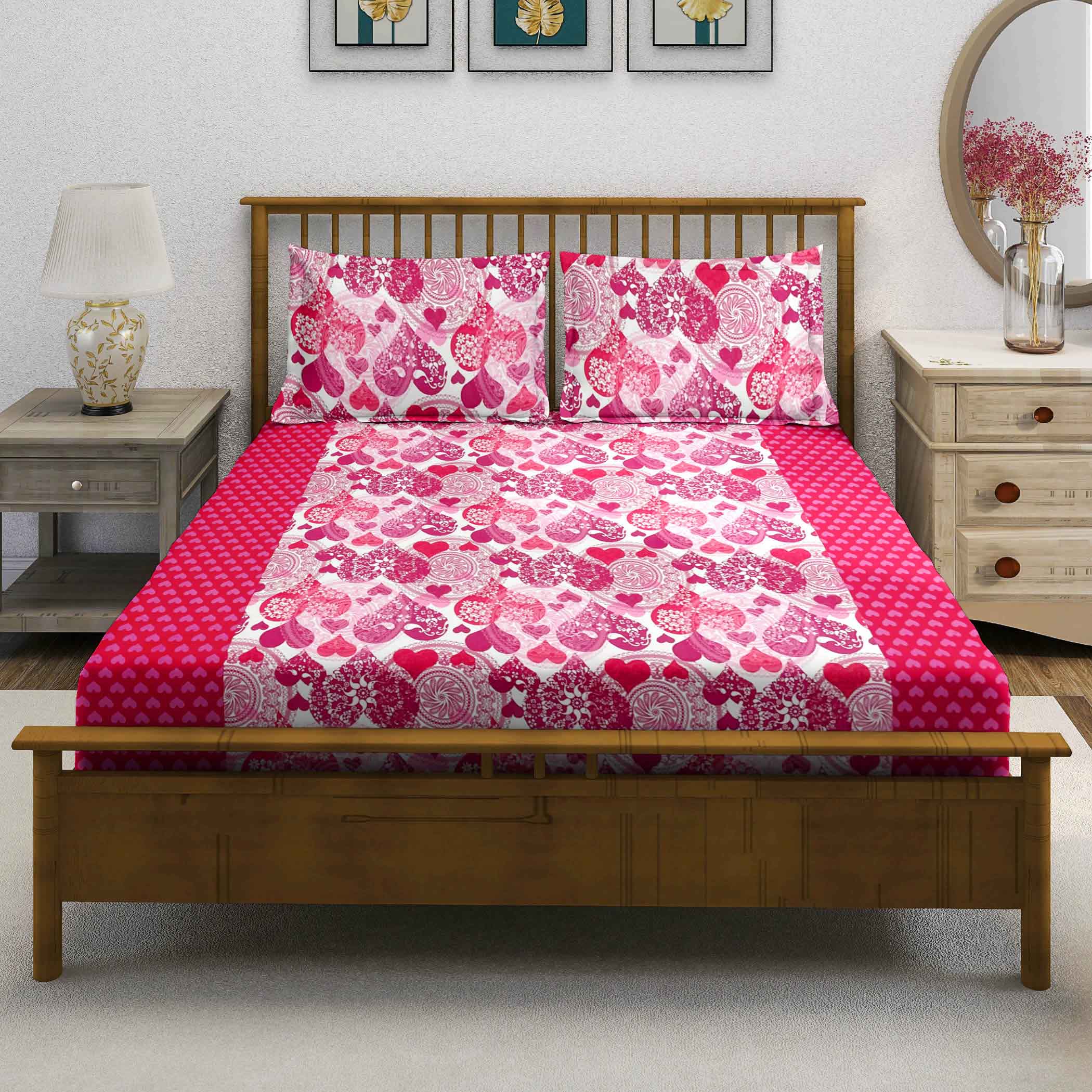 Blushing Hearts - 160TC Pure Cotton Super King Bedsheet (108x108 Inches)