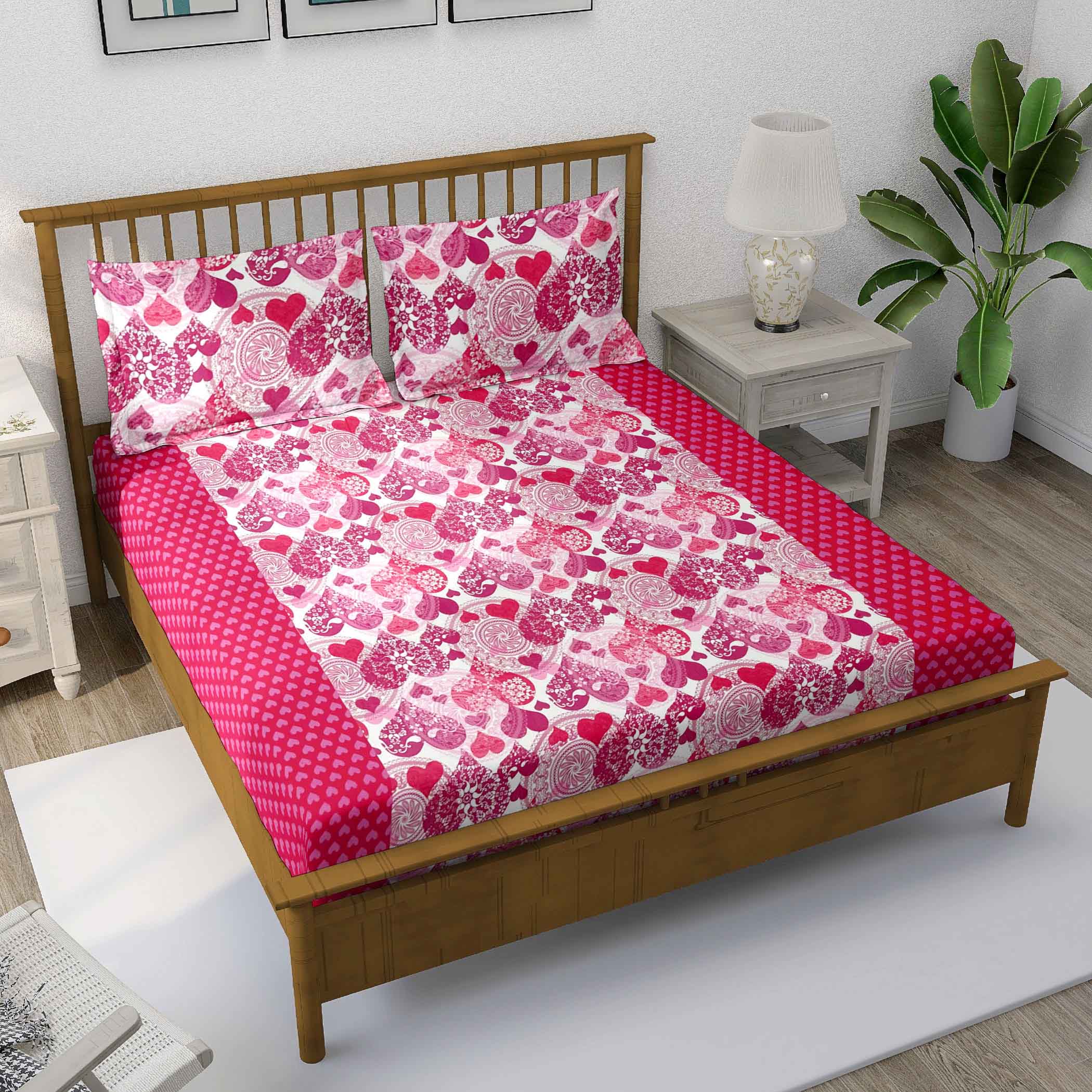 Blushing Hearts - 160TC Pure Cotton Super King Bedsheet (108x108 Inches)