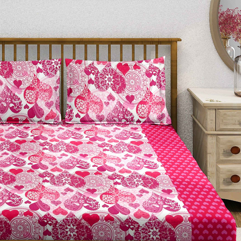 Blushing Hearts - 160TC Pure Cotton Super King Bedsheet (108x108 Inches)