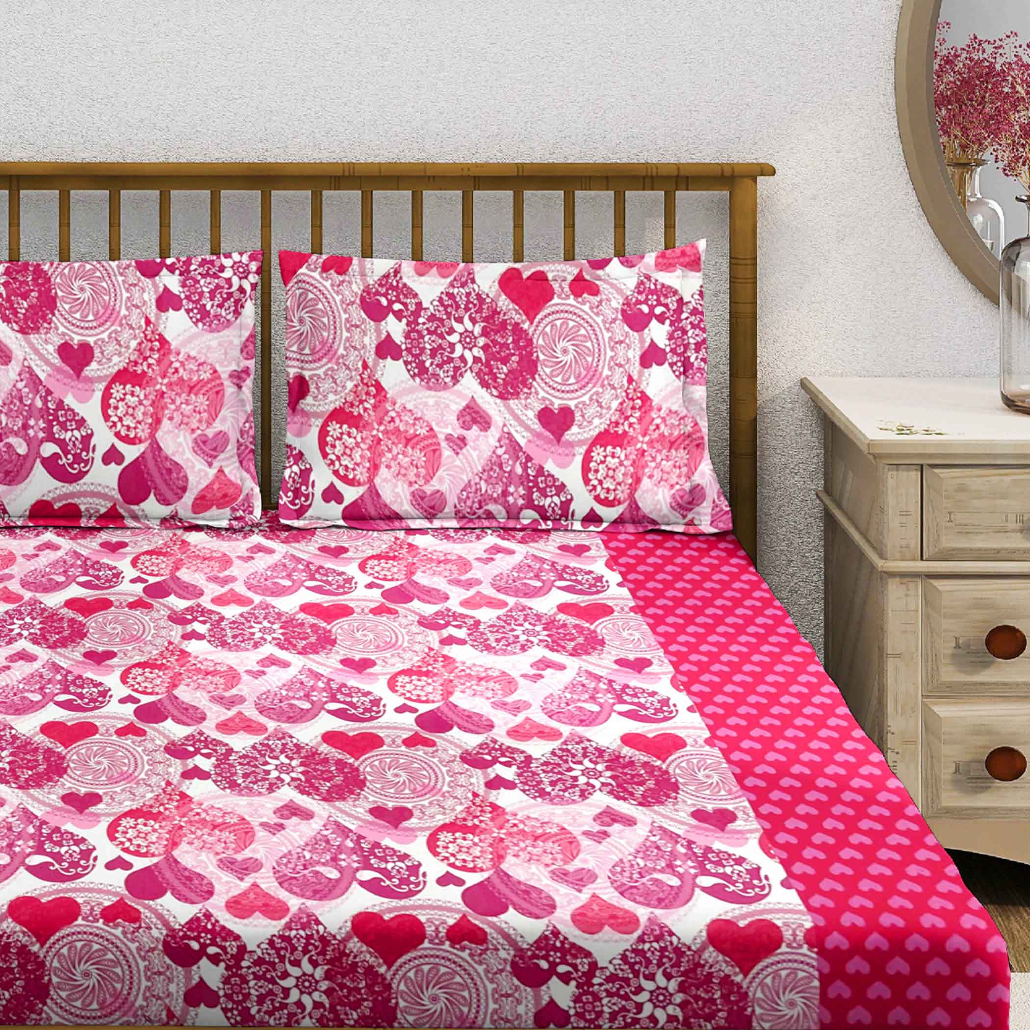 Blushing Hearts - 160TC Pure Cotton Super King Bedsheet (108x108 Inches)