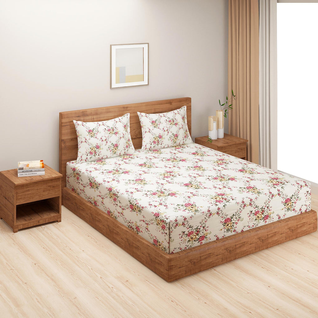 Elegant Ivory Floral Pure Cotton 250 TC Super King Bedsheet with 2 Pillow Covers (108x108 Inches)