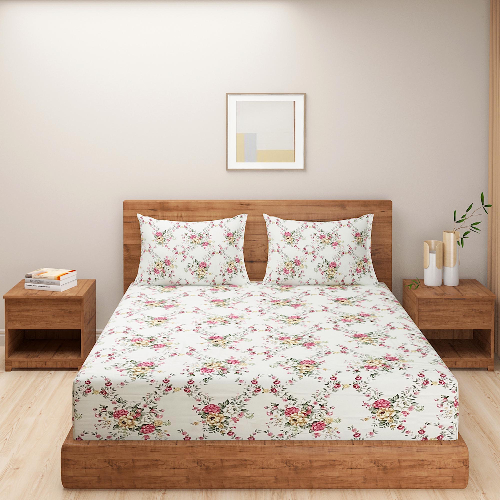 Elegant Ivory Floral Pure Cotton 250 TC Super King Bedsheet with 2 Pillow Covers (108x108 Inches)