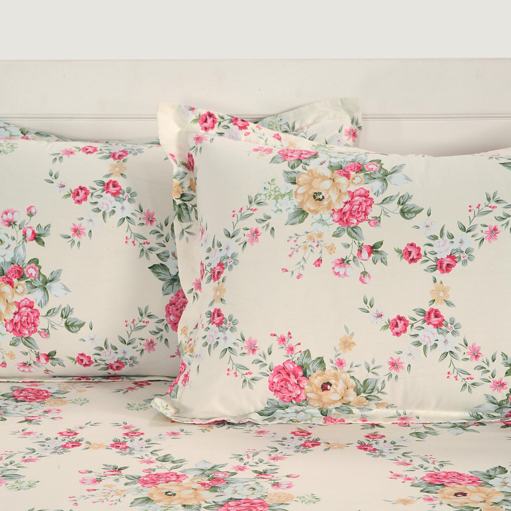 Elegant Ivory Floral Pure Cotton 250 TC Super King Bedsheet with 2 Pillow Covers (108x108 Inches)