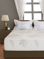 White Floral Printed 250 TC Cotton Super King Bedsheet with Matching 2 Pillow Covers (108x108 Inches)