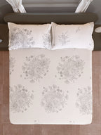 White Floral Printed 250 TC Cotton Super King Bedsheet with Matching 2 Pillow Covers (108x108 Inches)