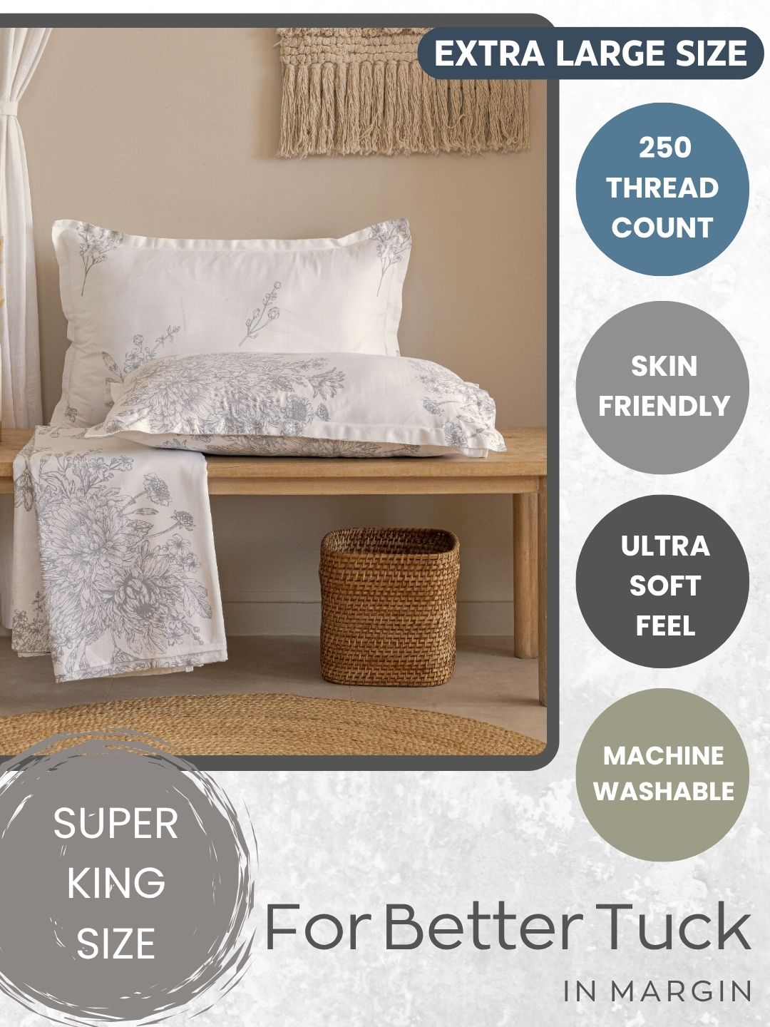 White Floral Printed 250 TC Cotton Super King Bedsheet with Matching 2 Pillow Covers (108x108 Inches)