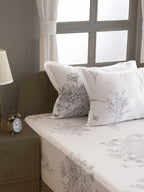 White Floral Printed 250 TC Cotton Super King Bedsheet with Matching 2 Pillow Covers (108x108 Inches)