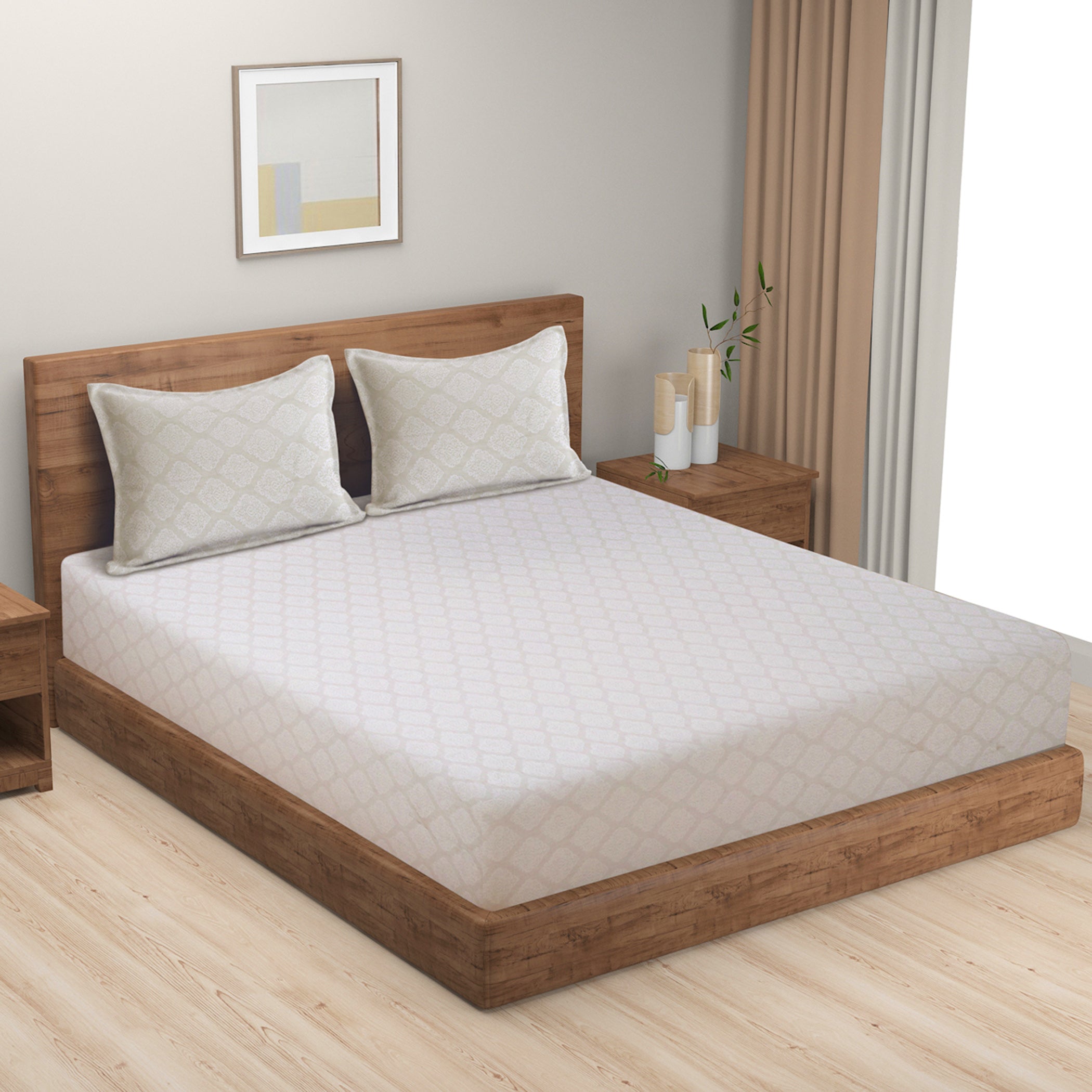 Soft Mist Diamond Cotton Super King Bedsheet with 2 Pillow Covers 250TC - Subtle Pastel White (108x108 inches)