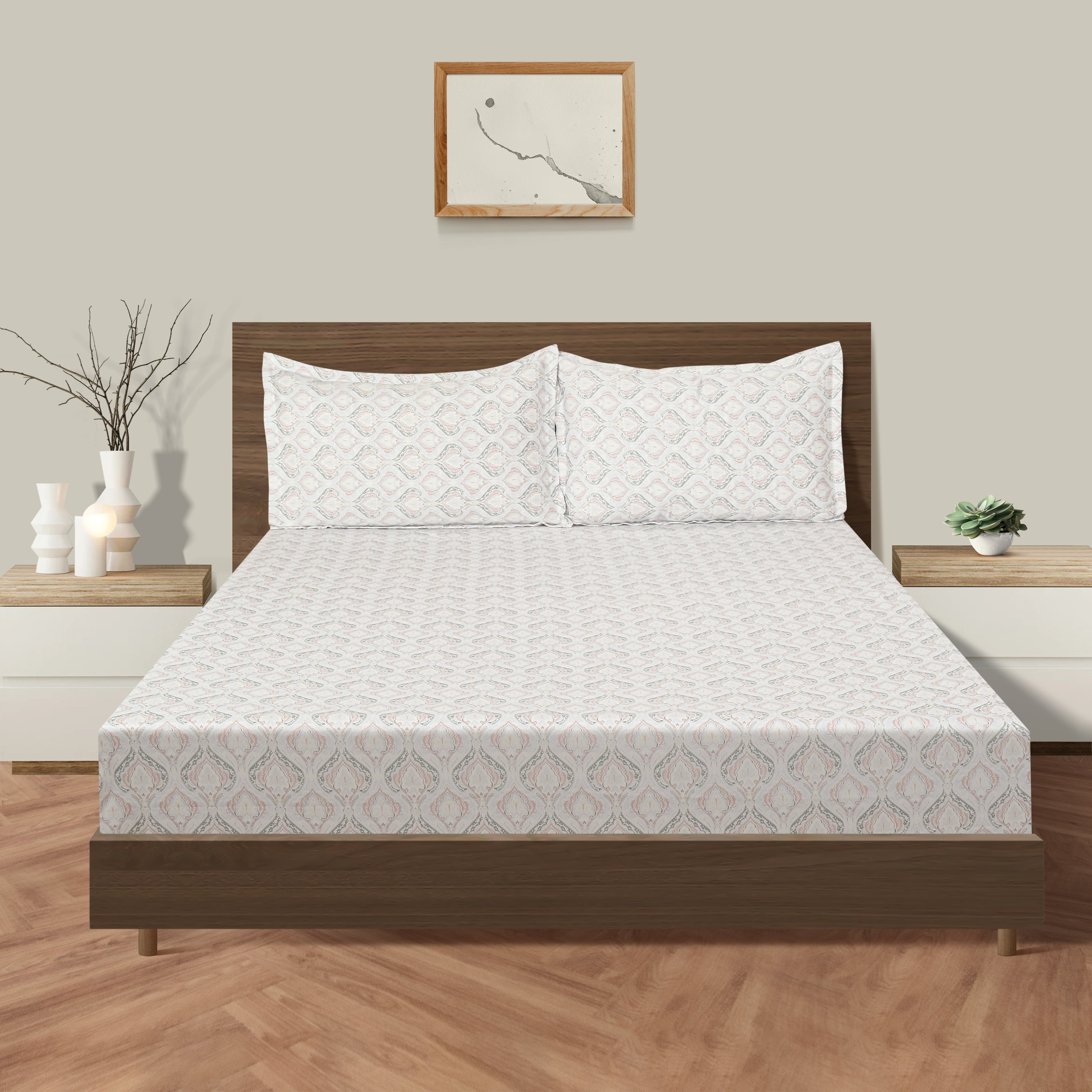 Cotton Super King Bedsheet with 2 Pillow Covers 250TC - White with Soft Pastel Ethnic Print (108x108 inches)