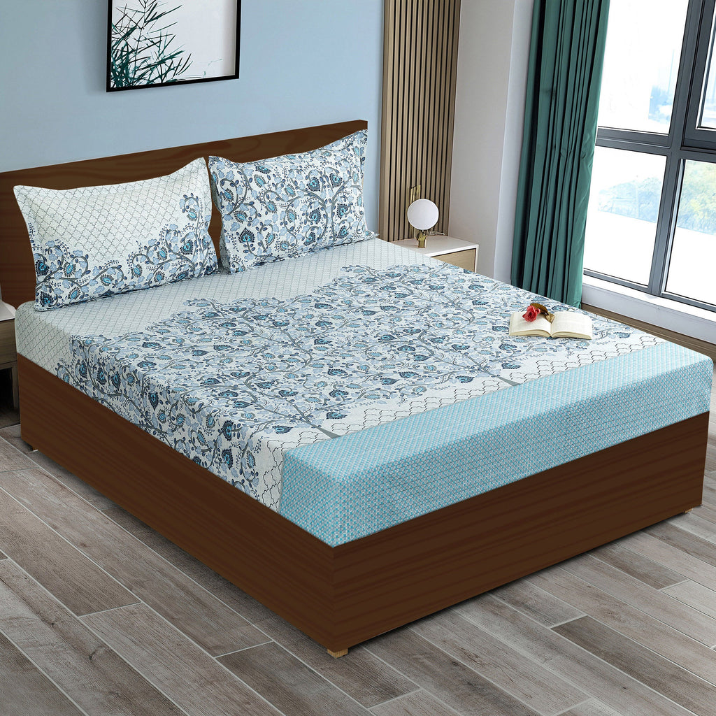 Cotton Super King Bedsheet with 2 Pillow Covers 250TC - Blue & White Ethnic Floral Print (108x108 inches)