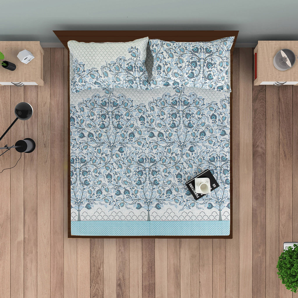 Cotton Super King Bedsheet with 2 Pillow Covers 250TC - Blue & White Ethnic Floral Print (108x108 inches)