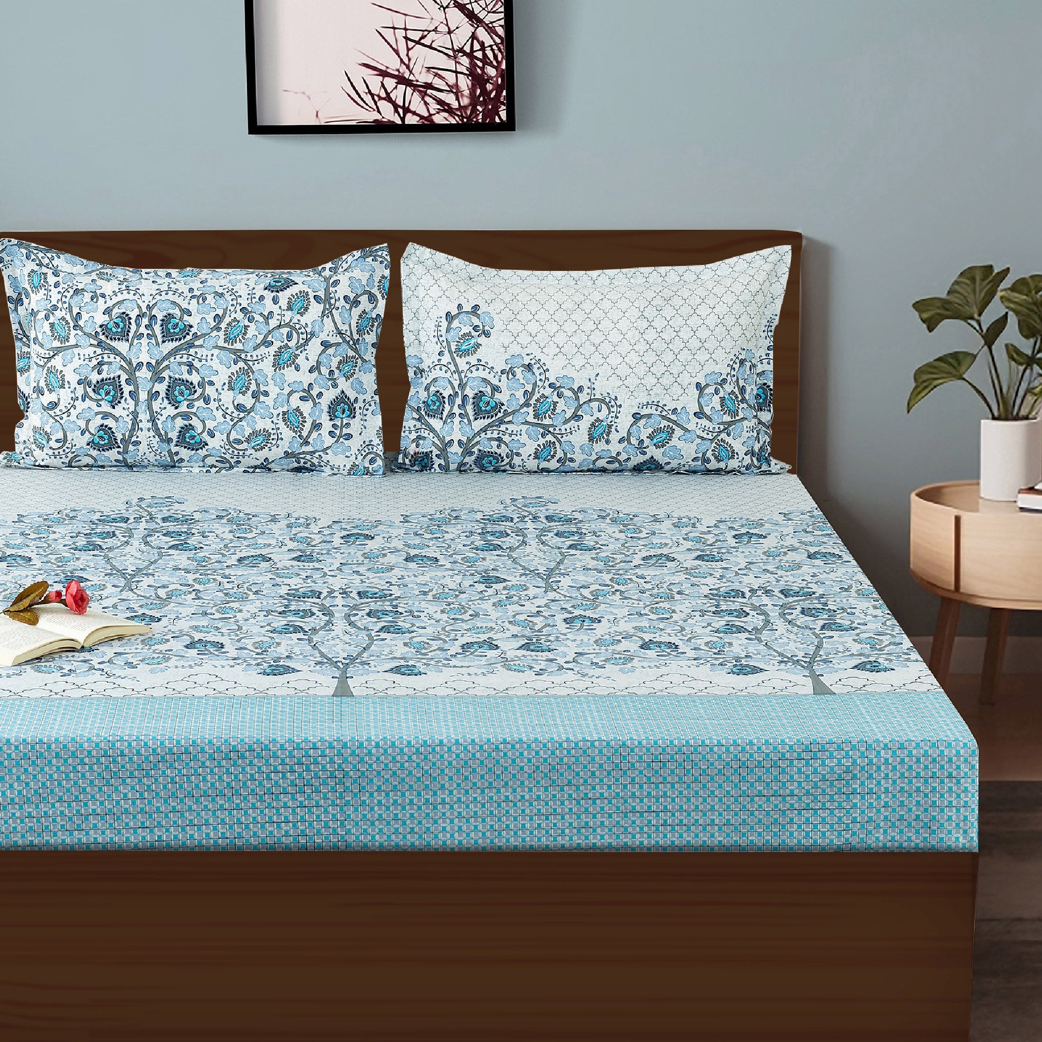 Cotton Super King Bedsheet with 2 Pillow Covers 250TC - Blue & White Ethnic Floral Print (108x108 inches)