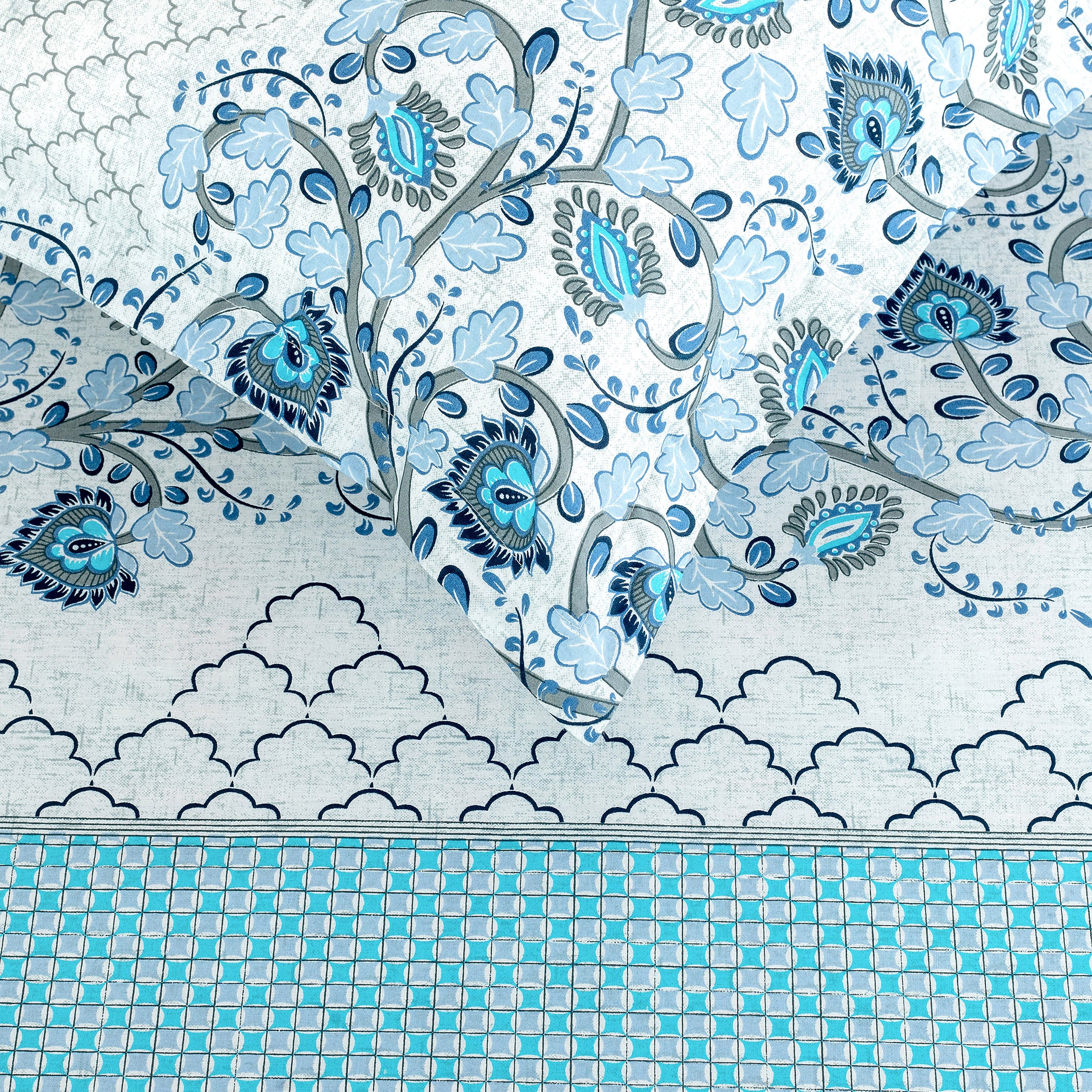 Cotton Super King Bedsheet with 2 Pillow Covers 250TC - Blue & White Ethnic Floral Print (108x108 inches)