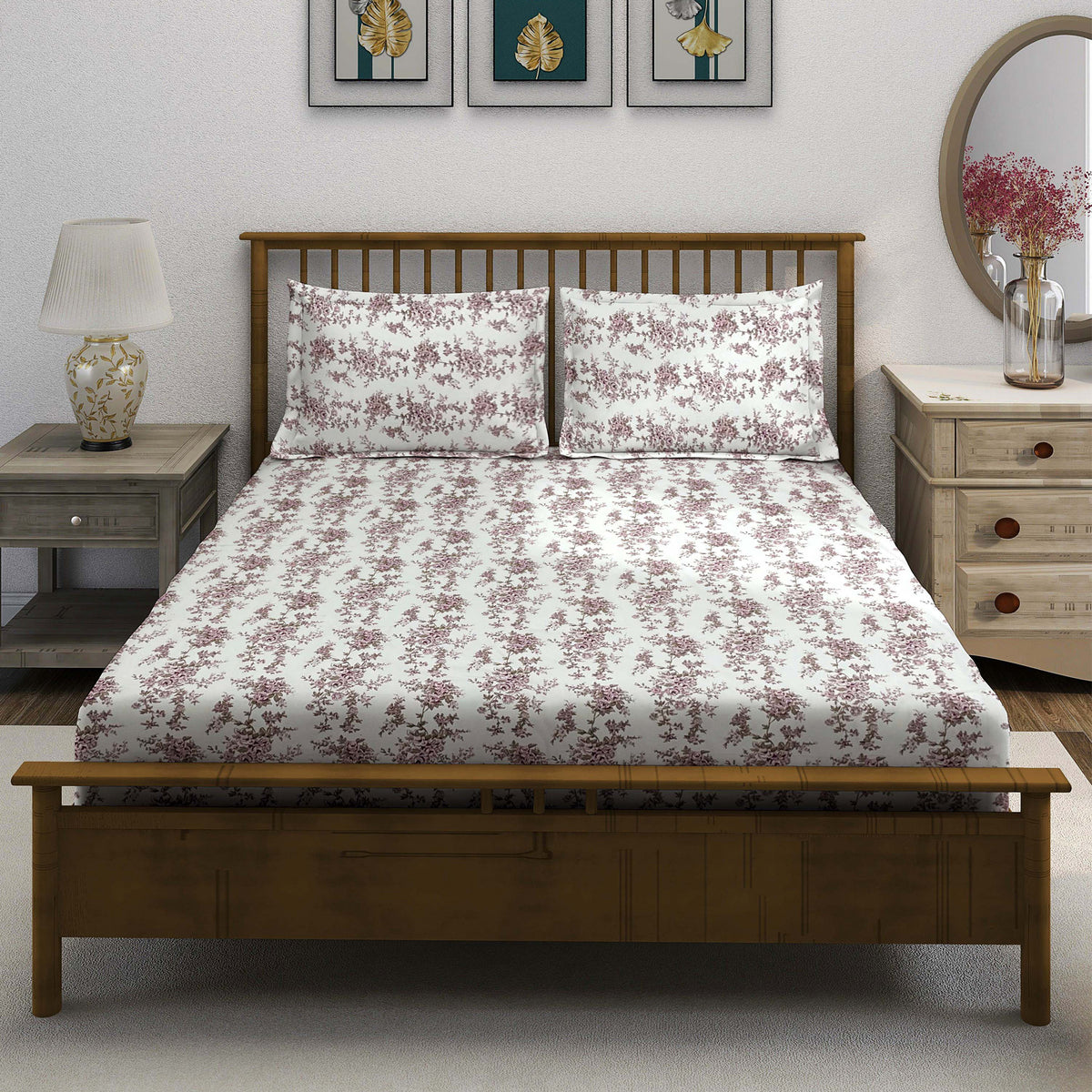 Ivory Mauve Rose Trails 240 TC Pure Cotton Bedsheet Set with Pillow Cover