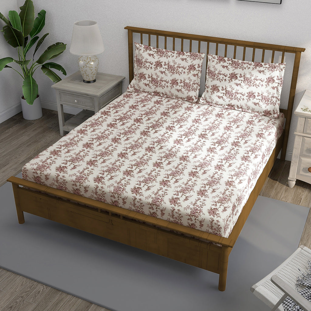 Ivory Mauve Rose Trails 240 TC Pure Cotton Bedsheet Set with Pillow Cover