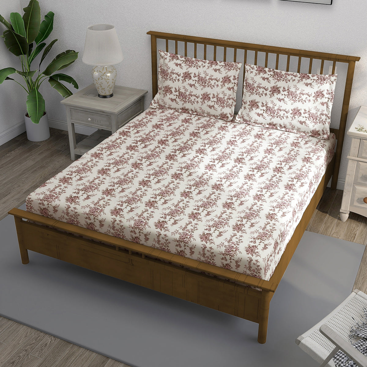 Ivory Mauve Rose Trails 240 TC Pure Cotton Bedsheet Set with Pillow Cover