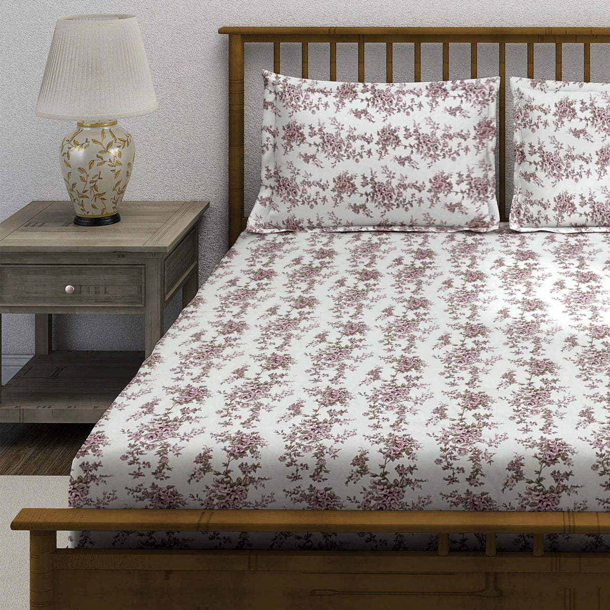 Ivory Mauve Rose Trails 240 TC Pure Cotton Bedsheet Set with Pillow Cover