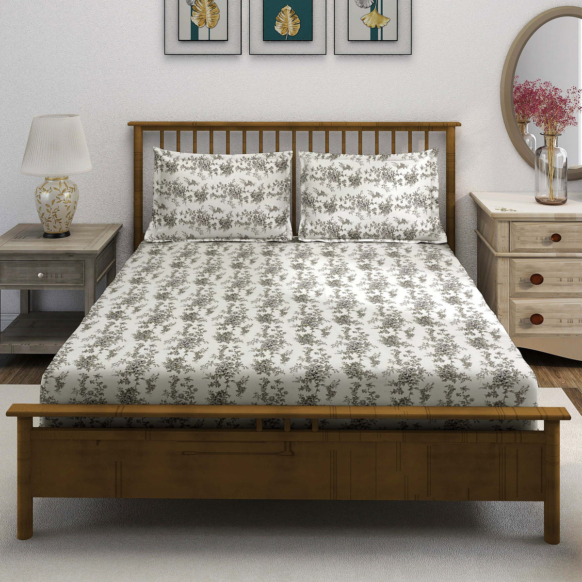 Ivory Grey Rose Trails 240 TC Pure Cotton Bedsheet Set with Pillow Cover