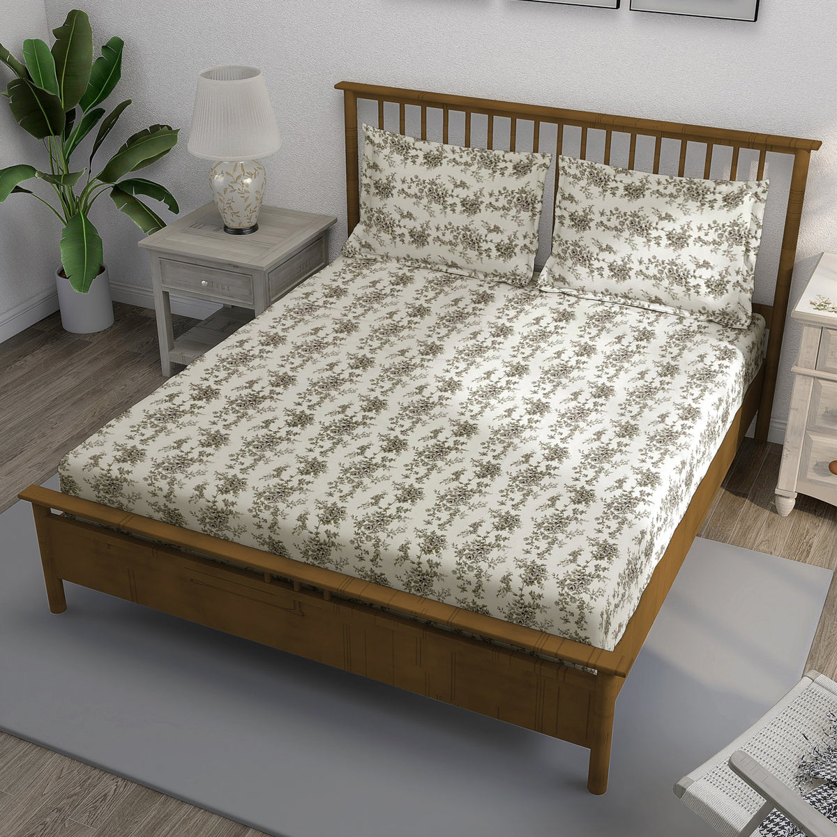 Ivory Grey Rose Trails 240 TC Pure Cotton Bedsheet Set with Pillow Cover