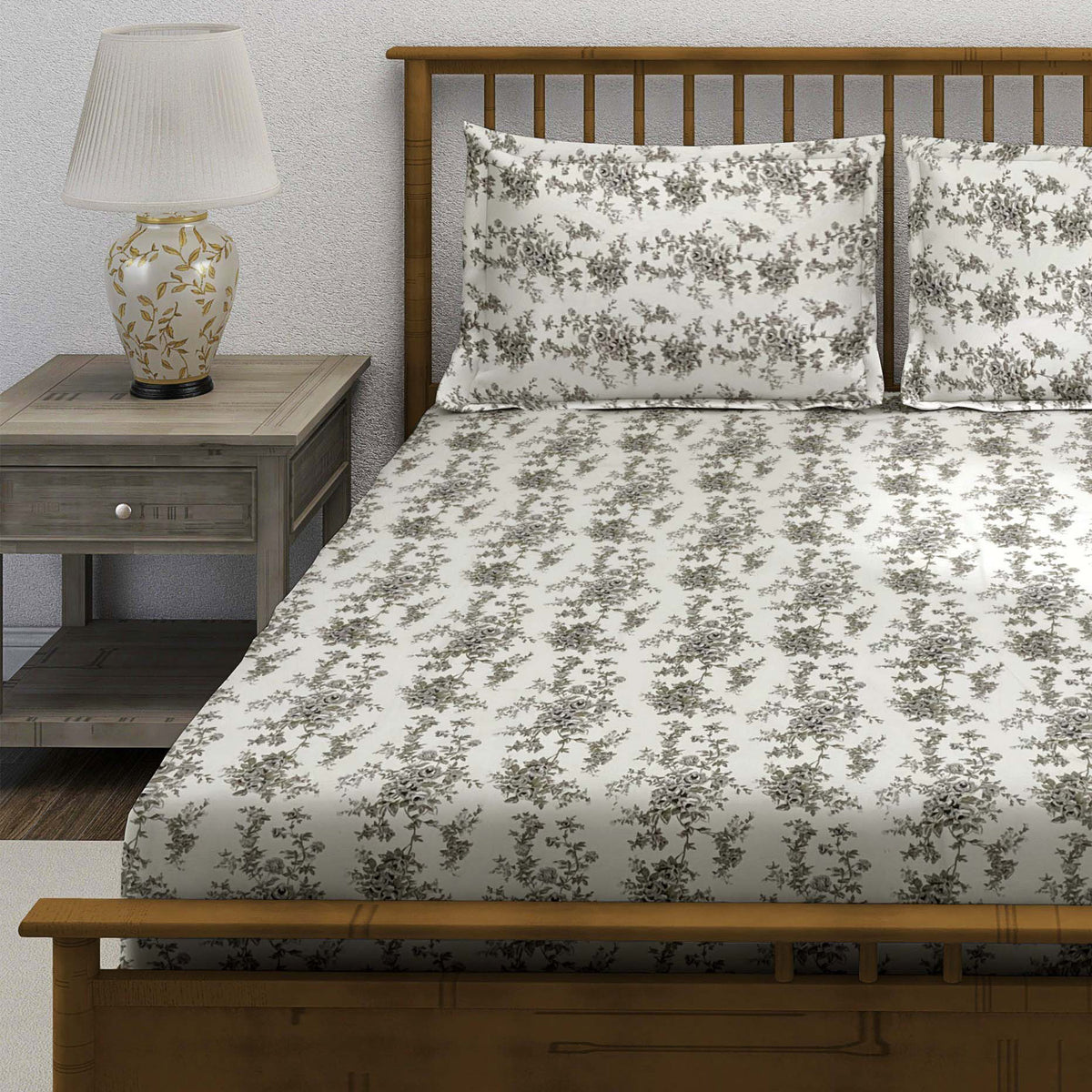 Ivory Grey Rose Trails 240 TC Pure Cotton Bedsheet Set with Pillow Cover
