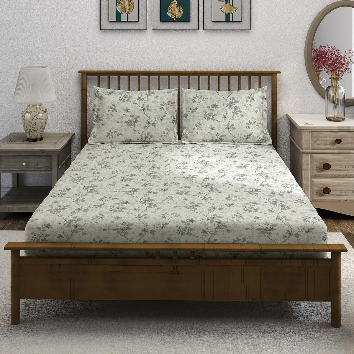 Ivory Sage Blossom Trails 240 TC Pure Cotton Bedsheet Set with Pillow Cover