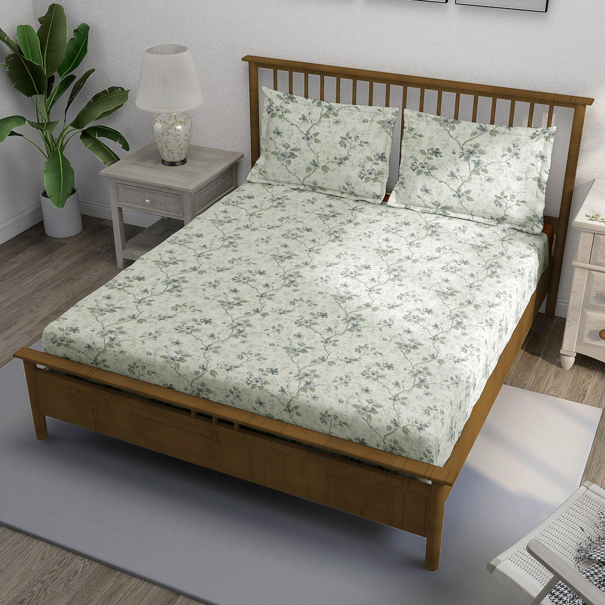 Ivory Sage Blossom Trails 240 TC Pure Cotton Bedsheet Set with Pillow Cover