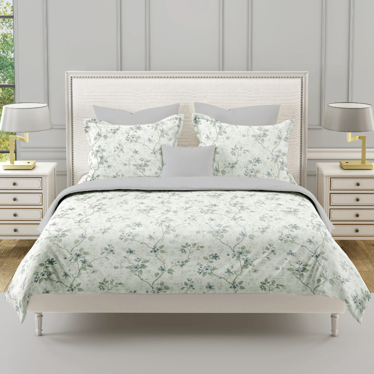 Ivory Sage Blossom Trails 240 TC Pure Cotton Bedsheet Set with Pillow Cover