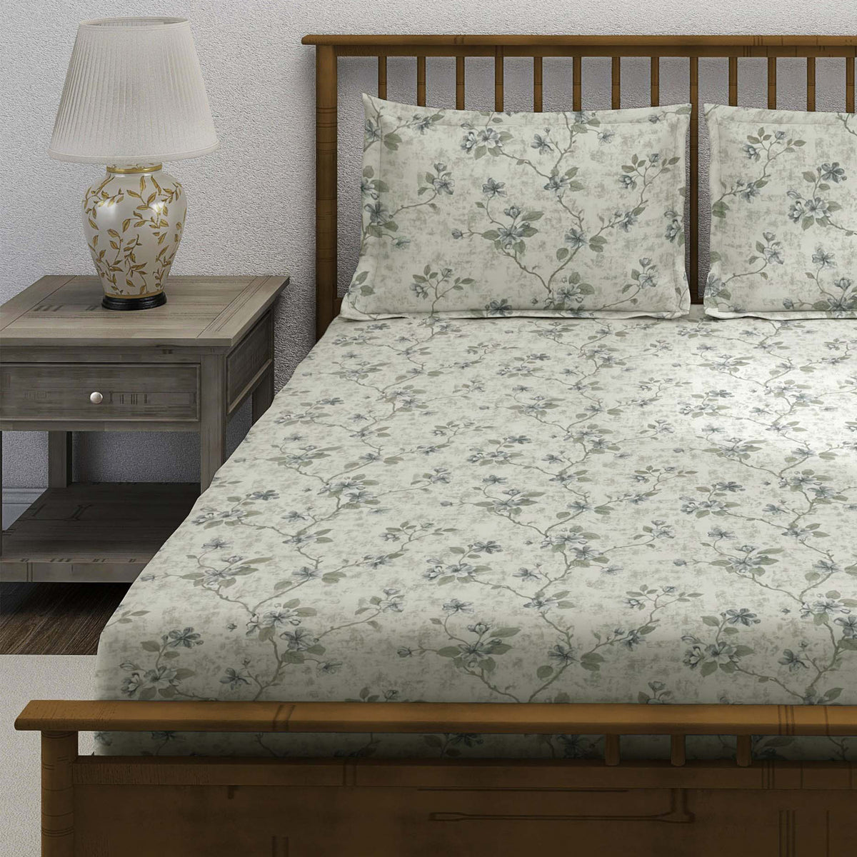 Ivory Sage Blossom Trails 240 TC Pure Cotton Bedsheet Set with Pillow Cover
