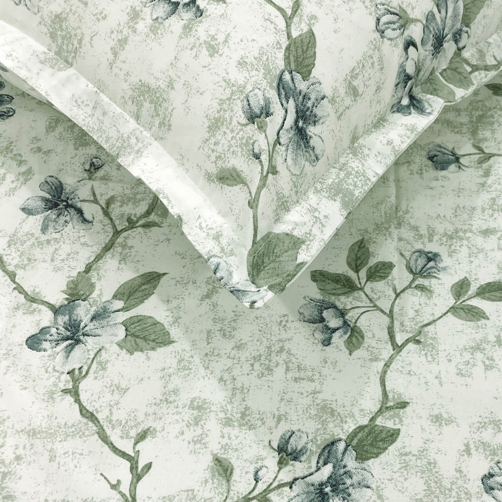 Ivory Sage Blossom Trails 240 TC Pure Cotton Bedsheet Set with Pillow Cover