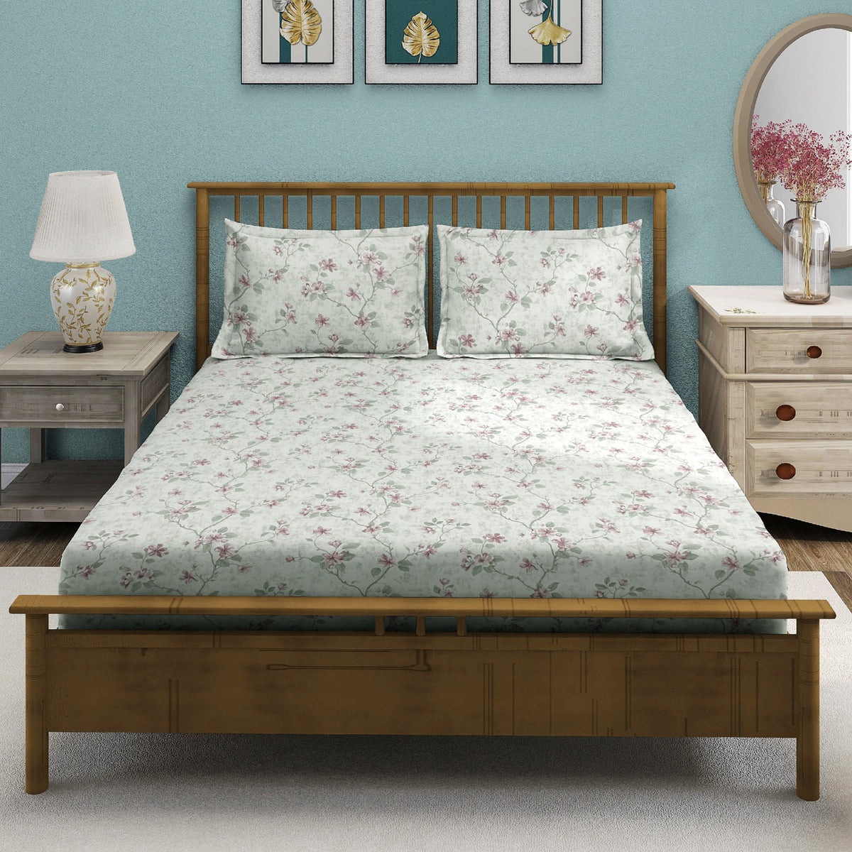Ivory Blush Blossom Trails 240 TC Pure Cotton Bedsheet Set with Pillow Cover