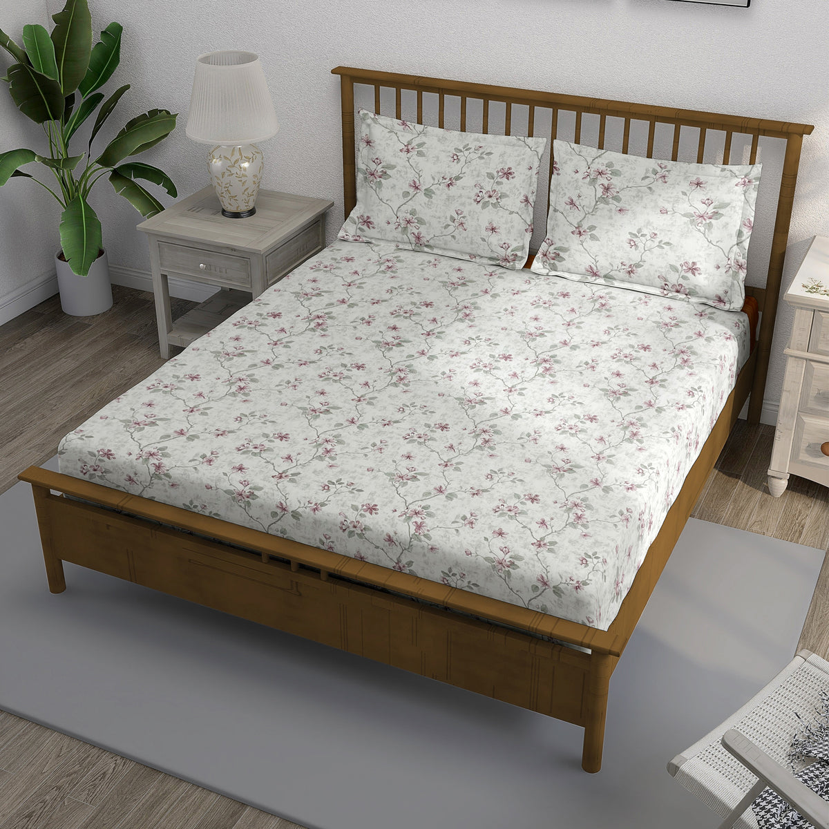 Ivory Blush Blossom Trails 240 TC Pure Cotton Bedsheet Set with Pillow Cover