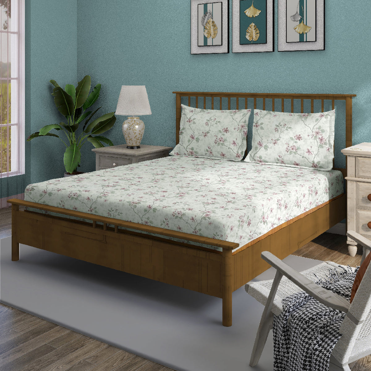 Ivory Blush Blossom Trails 240 TC Pure Cotton Bedsheet Set with Pillow Cover