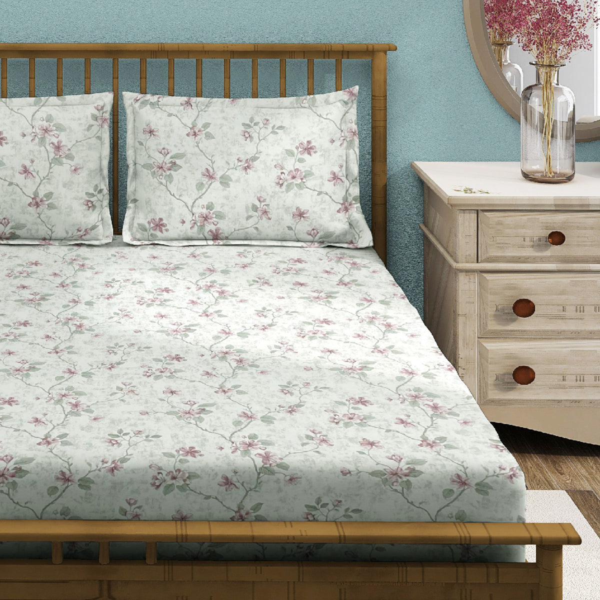 Ivory Blush Blossom Trails 240 TC Pure Cotton Bedsheet Set with Pillow Cover