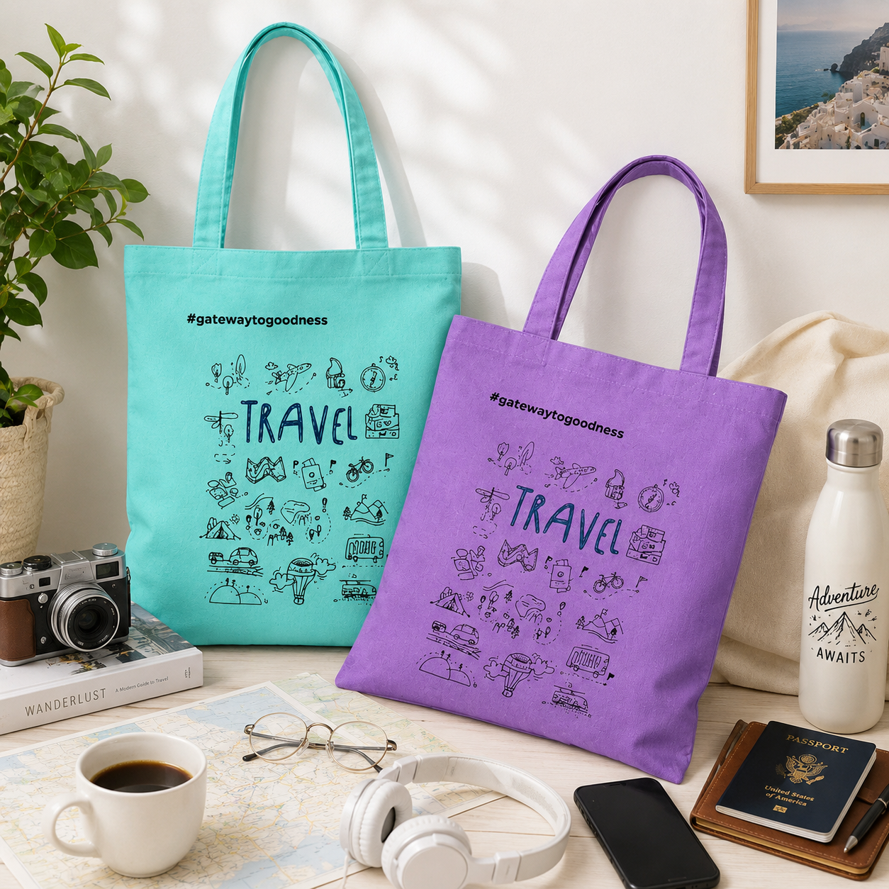 Travel Printed Tote Bag Combo Pack of 2