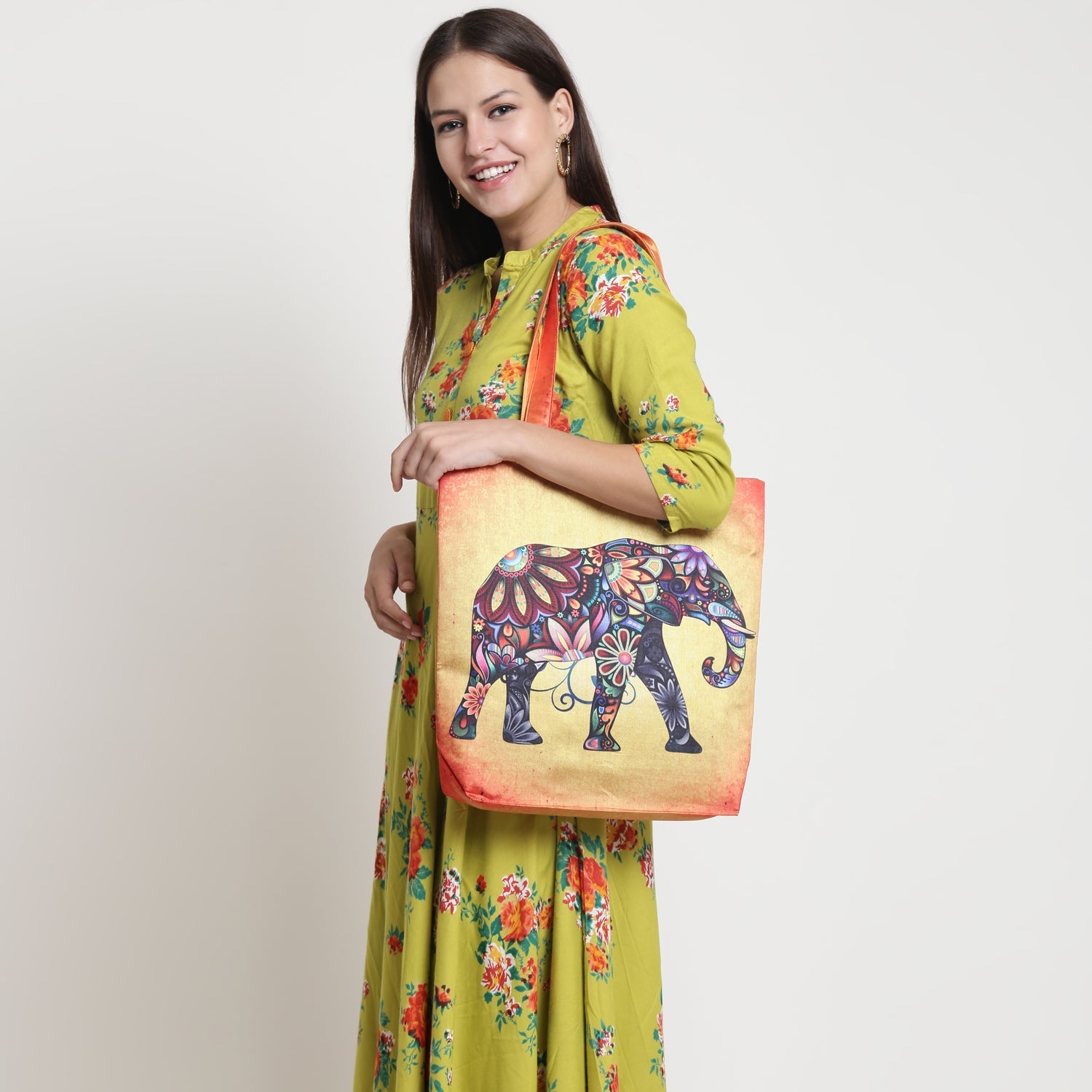 Boho Royal Elephant - Artistic Printed Tote Bag with Inner Pockets & Sturdy Dual Handles