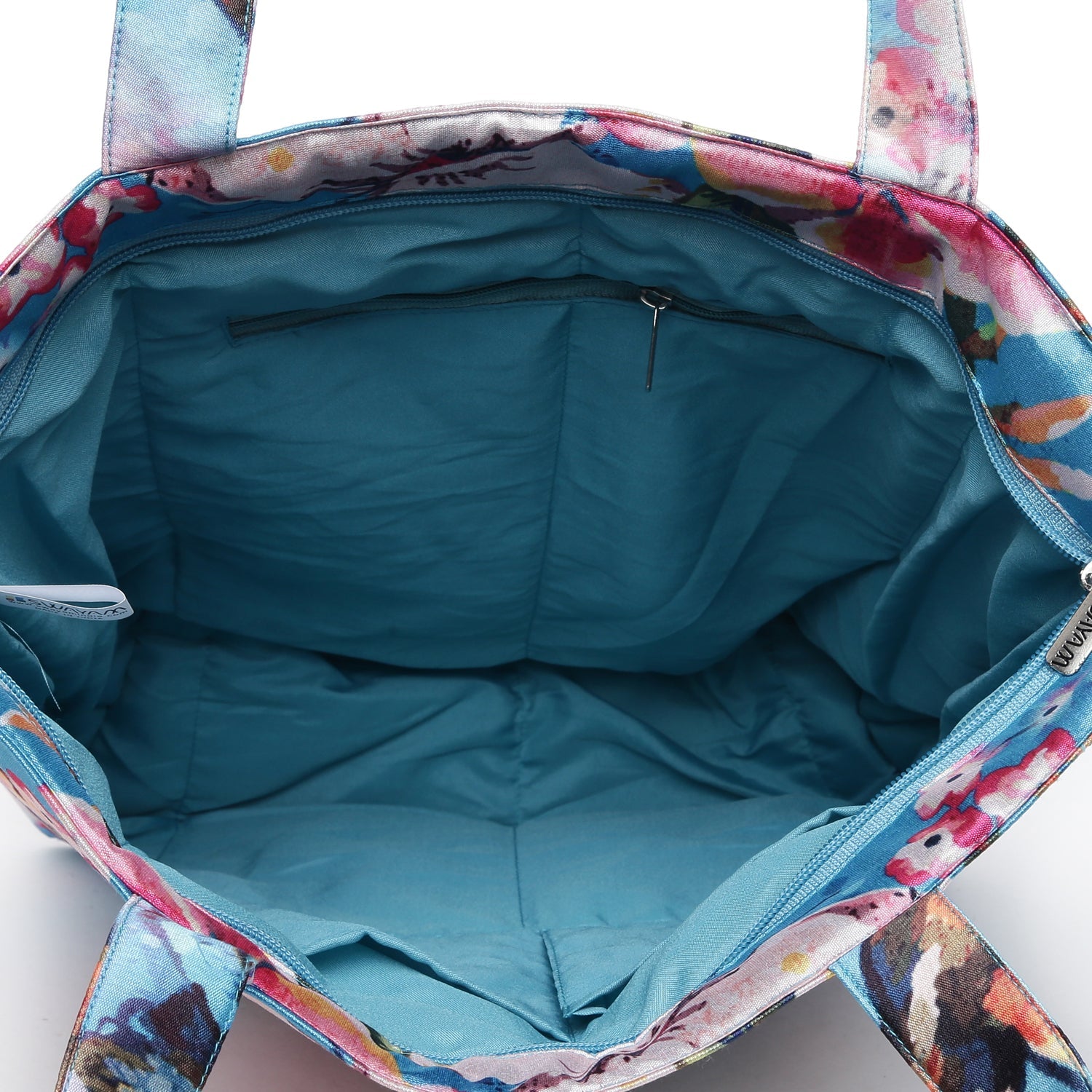 Tropical Bloom Butterfly Tote - Artistic Floral Print Shoulder Bag with Birds & Butterflies on Sky Blue Canvas