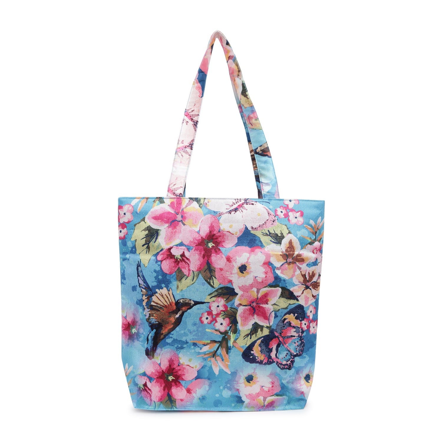 Tropical Bloom Butterfly Tote - Artistic Floral Print Shoulder Bag with Birds & Butterflies on Sky Blue Canvas