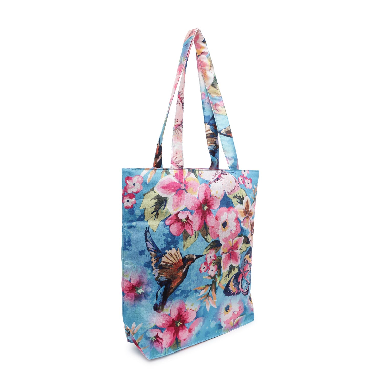 Tropical Bloom Butterfly Tote - Artistic Floral Print Shoulder Bag with Birds & Butterflies on Sky Blue Canvas