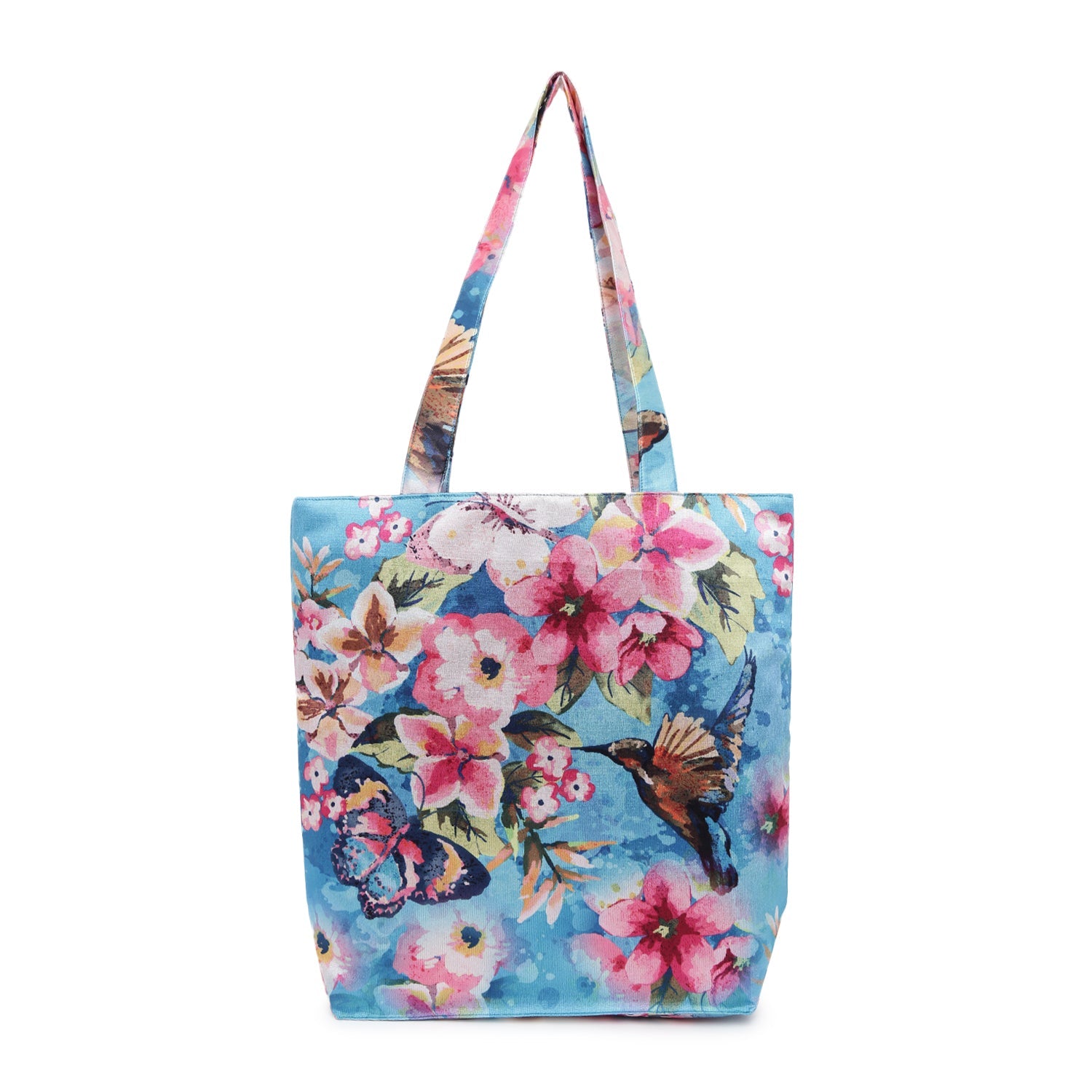 Tropical Bloom Butterfly Tote - Artistic Floral Print Shoulder Bag with Birds & Butterflies on Sky Blue Canvas